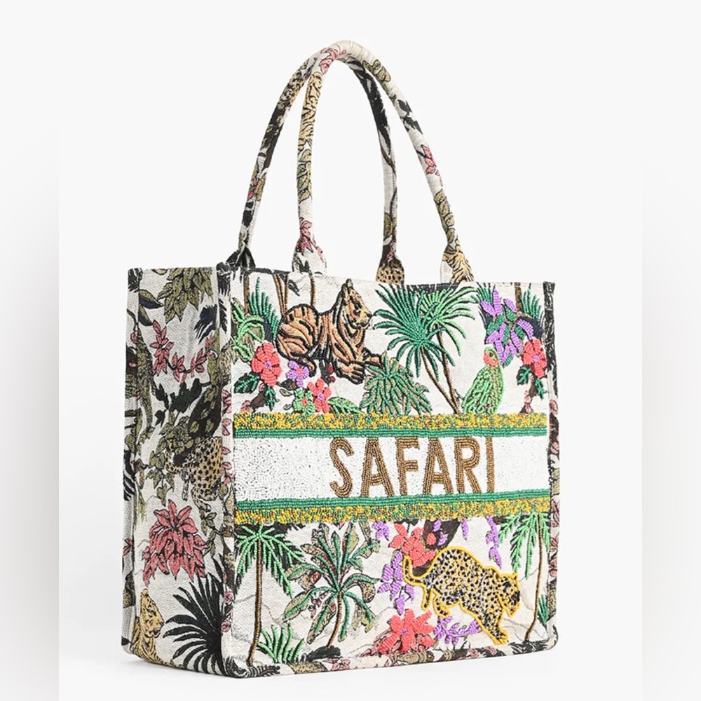 A&B Green and Brown Safari Beaded Tote Bag With Tropical Print